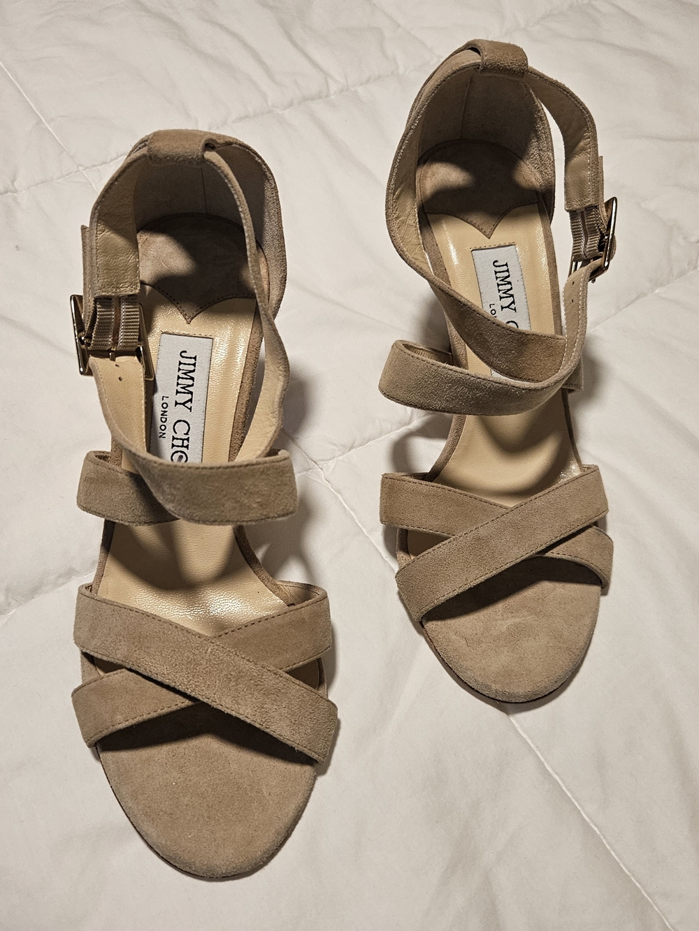 Jimmy Choo Tan Suede Crisscross Ankle Strap Heels